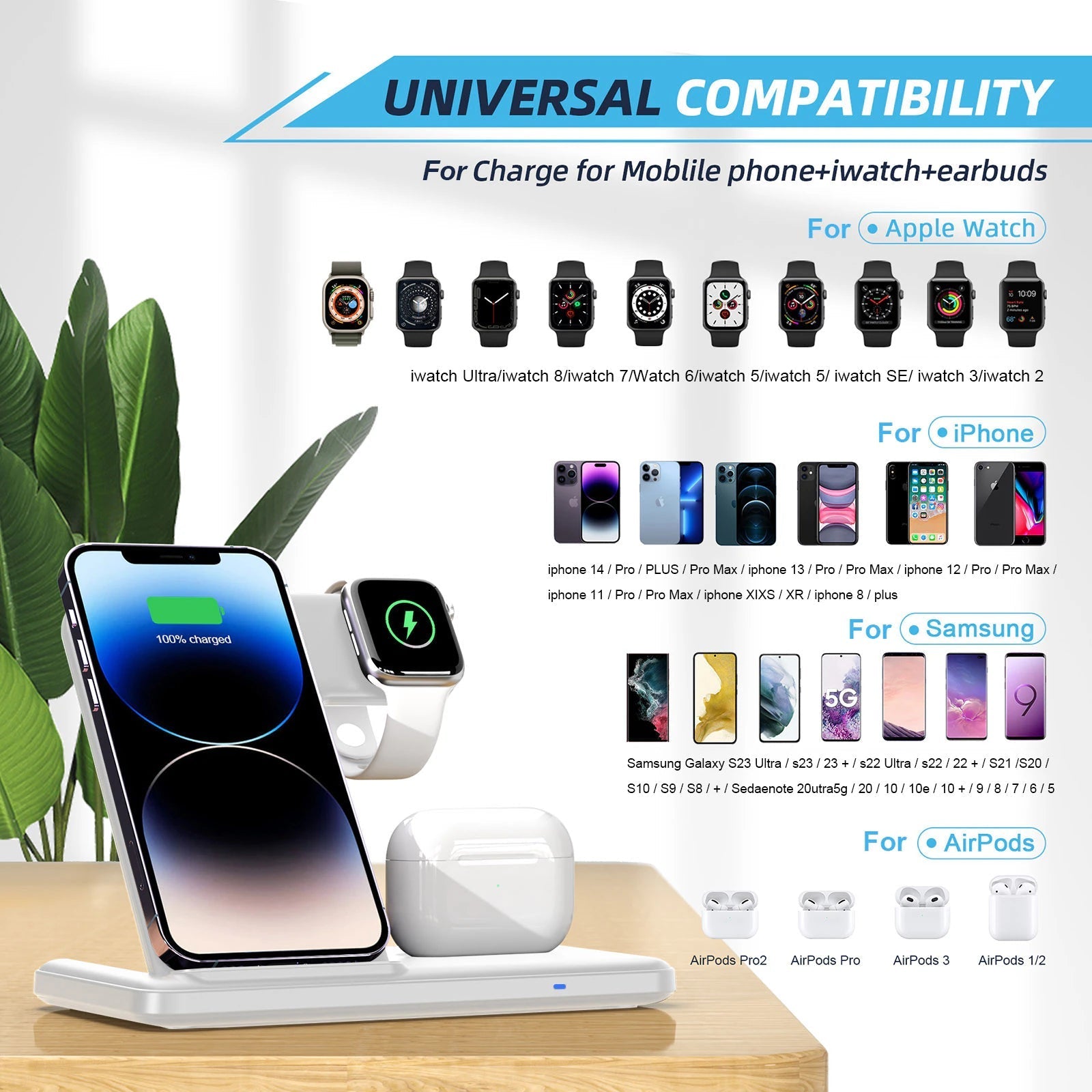 3 In 1 Wireless Charger Stand - 20W Fast Charging for iPhone 14/13/12 Series, Apple Watch 8/7/6, AirPods Pro